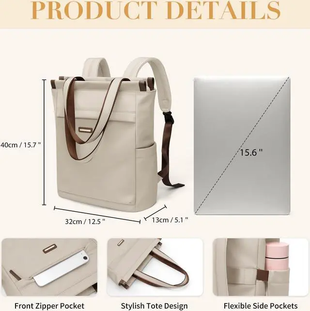 Alt view image 2 of 5 - GOLF SUPAGS Convertible Laptop Backpack for Women Casual Daypack Notebook Tote Bag for Work College Travel Leisure (Apricot)