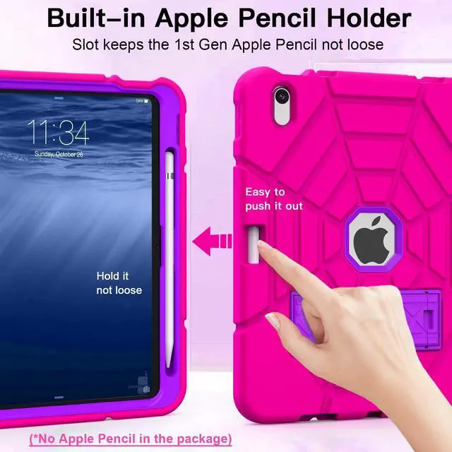 Alt view image 3 of 5 - Grifobes Kids Case for iPad 11-inch (A16) 2025 / iPad 10th Generation 2022 10.9 inch, Heavy Duty Shockproof Rugged 11th / 10 Gen Cover with Pencil Holder & Stand for Girls (Rose+Purple)