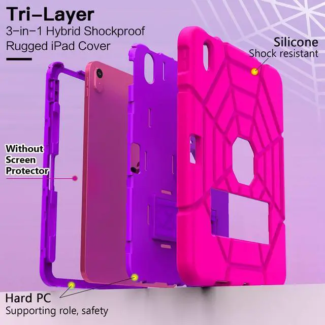 Alt view image 5 of 5 - Grifobes Kids Case for iPad 11-inch (A16) 2025 / iPad 10th Generation 2022 10.9 inch, Heavy Duty Shockproof Rugged 11th / 10 Gen Cover with Pencil Holder & Stand for Girls (Rose+Purple)