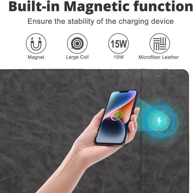 Alt view image 2 of 5 - Magnetic Wireless Charging Desk Mat, 23.4"x15.6" Large Office Mouse Pad, Microfiber Leather Mouse Mat with Ultra-Smooth Surface, Waterproof Computer Keyboard Desk Mat for Office & Home, Laptop, Grey