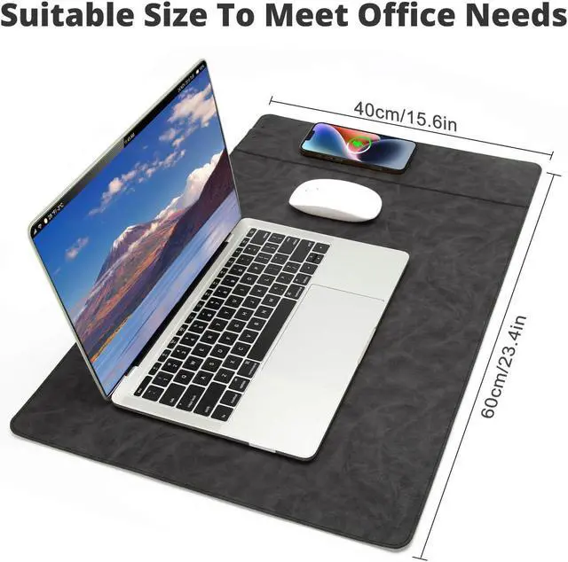 Alt view image 4 of 5 - Magnetic Wireless Charging Desk Mat, 23.4"x15.6" Large Office Mouse Pad, Microfiber Leather Mouse Mat with Ultra-Smooth Surface, Waterproof Computer Keyboard Desk Mat for Office & Home, Laptop, Grey