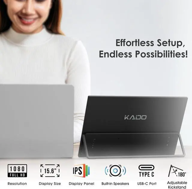 Alt view image 2 of 5 - Kado Portable Monitor 15.6'' FHD 1080p, Ultra-Slim Laptop Monitor 1920x1080 with Built-in Speakers, IPS Display 180° Kickstand Wall/Arm Mount for PC, Mac, Phone, Xbox, PS5, USB-C & HDMI Connectivity