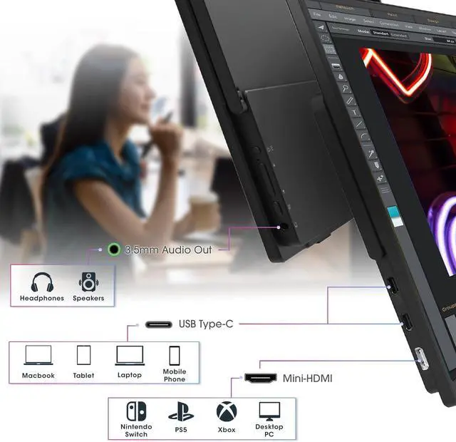 Alt view image 3 of 5 - Kado Portable Monitor 15.6'' FHD 1080p, Ultra-Slim Laptop Monitor 1920x1080 with Built-in Speakers, IPS Display 180° Kickstand Wall/Arm Mount for PC, Mac, Phone, Xbox, PS5, USB-C & HDMI Connectivity