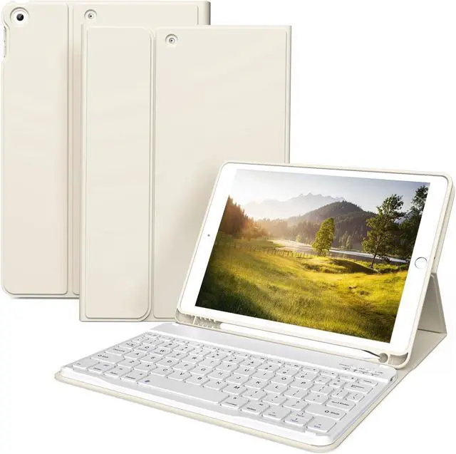 Main image of kenke Keyboard Case for iPad 10.2" 9th Generation 2021/ 8th Gen 2020 / 7th 2019 Detachable Wireless Bluetooth Keyboard Cover Thin & Light with Left Side Pencil Holder Auto Wake/Sleep (Cream