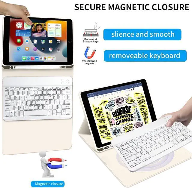 Alt view image 4 of 5 - kenke Keyboard Case for iPad 10.2" 9th Generation 2021/ 8th Gen 2020 / 7th 2019 Detachable Wireless Bluetooth Keyboard Cover Thin & Light with Left Side Pencil Holder Auto Wake/Sleep (Cream