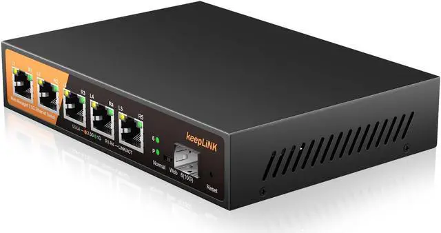 Main image of keepLiNK 6 Port 2.5G Web Smart Managed Ethernet Switch with 5 x 2.5G Base-T Ports, 1 x 10G SFP+, Static Aggregation, QoS/VLAN/IGMP, Metal Housing Fanless, Desktop/Wall-Mount