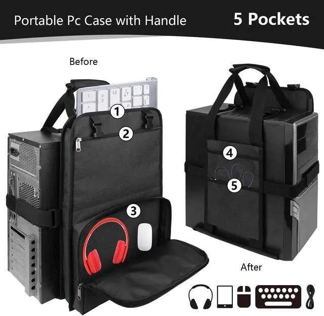 Alt view image 4 of 5 - Kingshion Portable Pc Case with Handle, Desktop Computer Case Belt Holder with Pockets for Keyboard,Cable, Headphone, Ideal for Transporting On The Go - Dark Grey