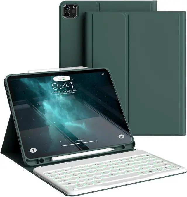 Main image of KVTVOU for iPad Pro 11 Inch 4th/3rd/2nd Generation Keyboard Case (2022/2021/2020) - 7 Colors Backlit Magnetically Detachable Wireless Bluetooth Keyboard & Lightweight Stand Folio Cover, Dark Green