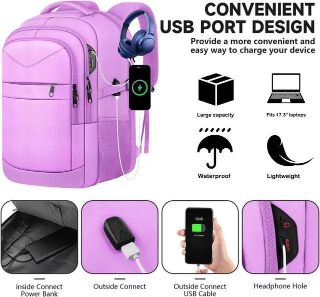 Alt view image 5 of 5 - Lapsouno Travel Laptop Backpack,Sturdy Large 17 inch Carry on Travel Backpack,TSA Flight Approved Business Backpack,Anti-Theft USB College Backpack,Backpack for Men Women (Grey+Light Purple)