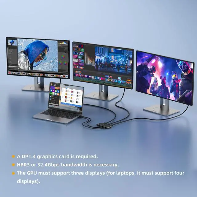 Alt view image 2 of 5 - Loryi 3-Port Displayport Splitter,DP1.4 to 3×DP Multi-Monitor Splitter,Single 8K, Dual 4K 120Hz,MST Displayport hub 1 in 3 Out,Windows Only