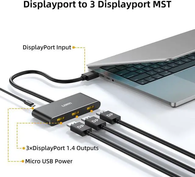 Alt view image 3 of 5 - Loryi 3-Port Displayport Splitter,DP1.4 to 3×DP Multi-Monitor Splitter,Single 8K, Dual 4K 120Hz,MST Displayport hub 1 in 3 Out,Windows Only