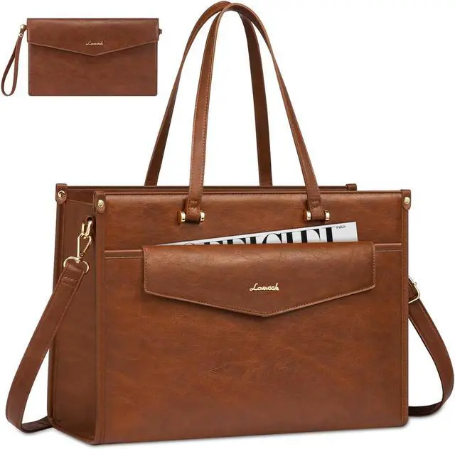 Main image of LOVEVOOK Laptop Bag for Women, 15.6'' Laptop Tote Purse 2-in-1 Professional Work Bag Business Briefcase with Clutch Purse, Waterproof Vintage Leather Computer Handbag for Teacher Office Travel