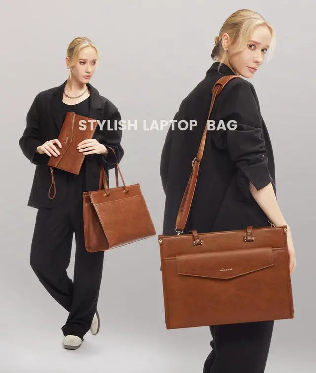 Alt view image 3 of 5 - LOVEVOOK Laptop Bag for Women, 15.6'' Laptop Tote Purse 2-in-1 Professional Work Bag Business Briefcase with Clutch Purse, Waterproof Vintage Leather Computer Handbag for Teacher Office Travel