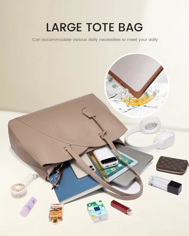 Alt view image 3 of 5 - LOVEVOOK Teacher Tote Bag for Women, Work Bags Laptop Bag, Professional 15.6 Inch Leather Computer Bag, Large Purses Handbag Briefcase, Taupe