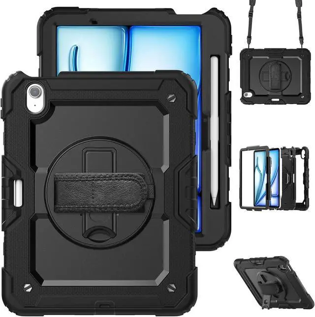 Main image of Loyrina for iPad Air 11 inch Case 2025 M3 2024 (M2), Protective 360° Rotating Stand Hand/Shoulder Strap, Pencil Holder & Shockproof Silicone and Hard PC Case for iPad Air 11", Black