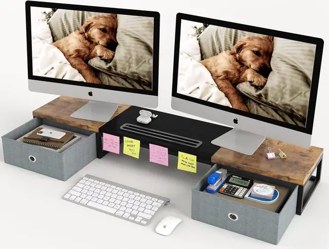 Main image of Dual Monitor Stand Riser with 2 Drawers - 39Inch Large Storage Computer Monitor Stands for 2 Monitors, Wooden Desktop Organizer Perfect for Home Office Desk, Computer, Laptop, TV