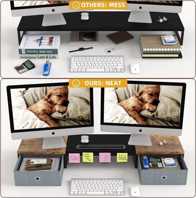 Alt view image 4 of 5 - Dual Monitor Stand Riser with 2 Drawers - 39Inch Large Storage Computer Monitor Stands for 2 Monitors, Wooden Desktop Organizer Perfect for Home Office Desk, Computer, Laptop, TV