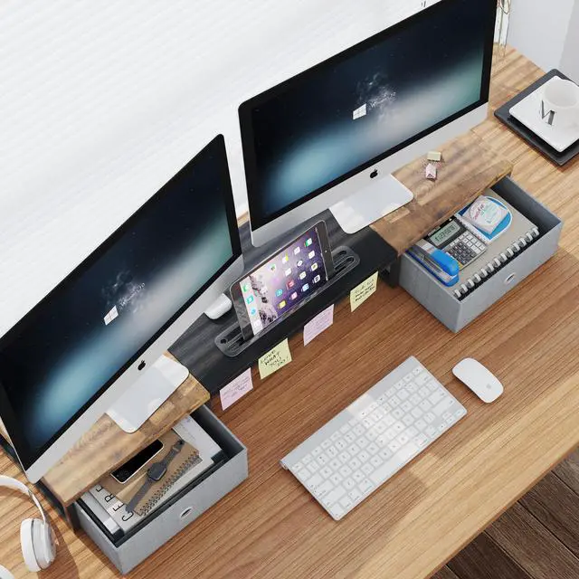 Alt view image 3 of 5 - Dual Monitor Stand Riser with 2 Drawers - 39Inch Large Storage Computer Monitor Stands for 2 Monitors, Wooden Desktop Organizer Perfect for Home Office Desk, Computer, Laptop, TV