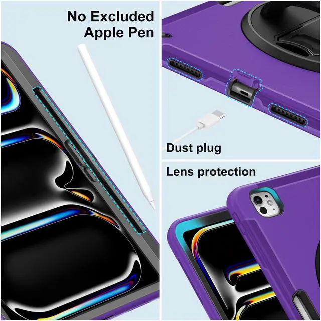 Alt view image 3 of 5 - Miesherk Case for iPad Pro 13 Inch, Military Grade Heavy Duty Shockproof iPad 13 Case (2024, 7th Generation) - Screen Protector, Rotating Stand, Pencil Holder, Hand/Shoulder Strap, Purple