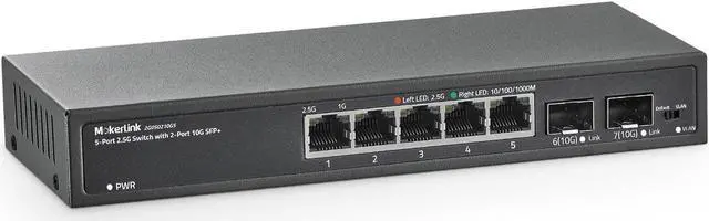 Main image of MokerLink 5 Port 2.5Gigabit Ethernet Switch with 2x10G SFP Slot, 5 x 2.5G Base-T Ports, VLAN Isolation, Metal Unmanaged Fanless Small Network Switch