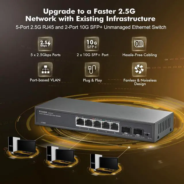 Alt view image 2 of 5 - MokerLink 5 Port 2.5Gigabit Ethernet Switch with 2x10G SFP Slot, 5 x 2.5G Base-T Ports, VLAN Isolation, Metal Unmanaged Fanless Small Network Switch