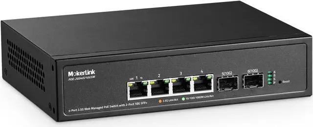 Main image of MokerLink 4 Port 2.5G POE Managed Switch with 2 Port 10G SFP+ Slot, IEEE8023af/at PoE 78W, Mini Size Metal Fanless, Easy Web Managed Network Switch