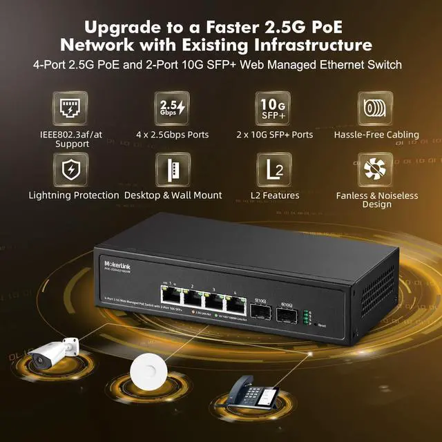 Alt view image 2 of 5 - MokerLink 4 Port 2.5G POE Managed Switch with 2 Port 10G SFP+ Slot, IEEE8023af/at PoE 78W, Mini Size Metal Fanless, Easy Web Managed Network Switch