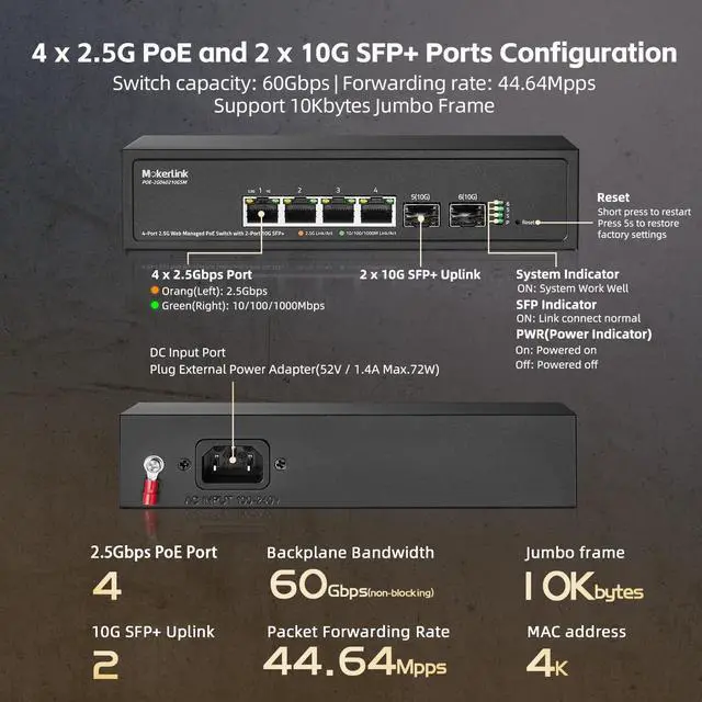 Alt view image 5 of 5 - MokerLink 4 Port 2.5G POE Managed Switch with 2 Port 10G SFP+ Slot, IEEE8023af/at PoE 78W, Mini Size Metal Fanless, Easy Web Managed Network Switch