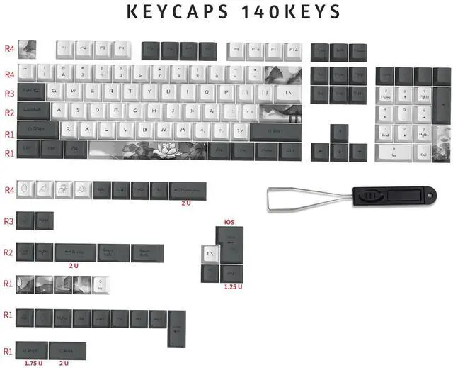 Alt view image 2 of 5 - MOLGRIA Ink Lotus Keycaps, 140 Set Custom Keycaps for Gaming Keyboard, PBT OEM Profile Dye Sublimation Keycaps ANSI/ISO Layout with Keycap Puller for Gateron Kailh Cherry MX 104/87/74/61 60 Keyboard