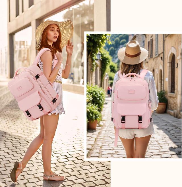 Alt view image 2 of 5 - MOONBABY Travel Backpack Carry on Flight Approved for Women Fits 17 inch Laptop Large College Bookbag Personal Item Bag with Makeup and Shoe Bag, Pink