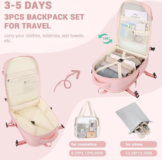 Alt view image 3 of 5 - MOONBABY Travel Backpack Carry on Flight Approved for Women Fits 17 inch Laptop Large College Bookbag Personal Item Bag with Makeup and Shoe Bag, Pink