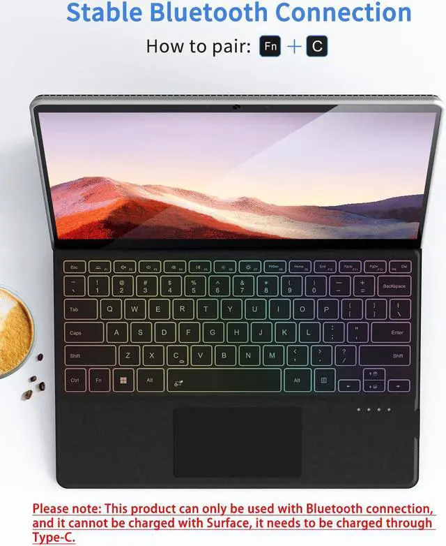 Alt view image 5 of 5 - Surface Pro Keyboard, Magnetic Wireless Type Cover for Microsoft Surface Pro 7 6 5 4 3 7 Plus, 7 Color Backlit Bluetooth Ultra-Slim Portable Keyboard with Trackpad, Rechargeable Battery