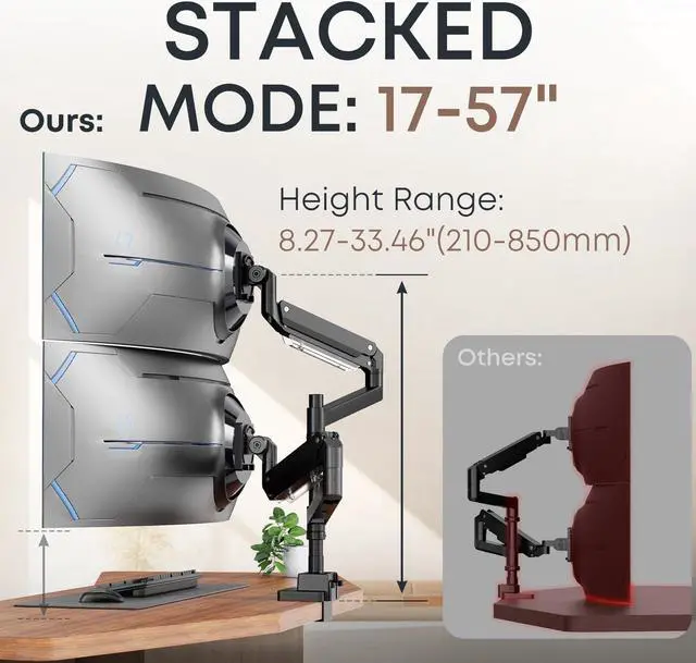 Alt view image 2 of 5 - 17-57 inch Dual Vertical Monitor Mount, Heavy Duty Monitor Arm for 2 Monitors, up to 59.4 lbs, Extra Tall/Wide Adjustable, Premium Aluminum Dual Monitor Desk Mount, VESA 75x75-200x200 mm