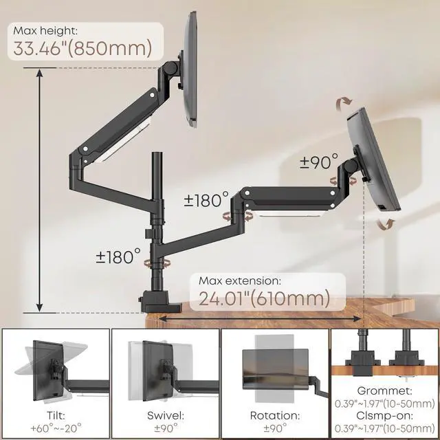 Alt view image 5 of 5 - 17-57 inch Dual Vertical Monitor Mount, Heavy Duty Monitor Arm for 2 Monitors, up to 59.4 lbs, Extra Tall/Wide Adjustable, Premium Aluminum Dual Monitor Desk Mount, VESA 75x75-200x200 mm