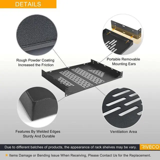 Alt view image 2 of 5 - RIVECO 2 PCS 10 Rack Shelves for 19 inches Network Rack & Cabinets, 1U Rack Mount Shelf Vented Cantilever Tray, for Server, IT & Sound Equipment