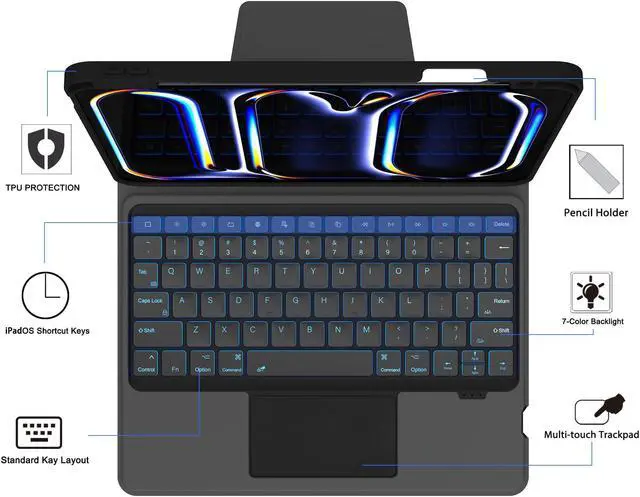 Alt view image 3 of 5 - for 2024 iPad Pro 11-inch (M4) Case with Keyboard - Folio Smart Tablet Book Cover with Touchpad - 7 Color Backlit Keyboard Case with S Pen Holder & Multi-Angle Kickstand for iPad Pro 11" (M4) Black