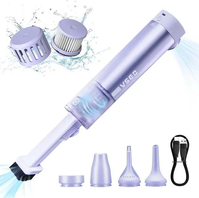 Main image of VSGO Cordless Car Vacuum, Compressed Electric Air Duster 17000Pa Suction, 5-in-1 Portable Mini Small Handheld Vacuum, UP to 90 Mins Runtime for Car, Desk, Computer, Keyboard, Home Cleaning (Purple)