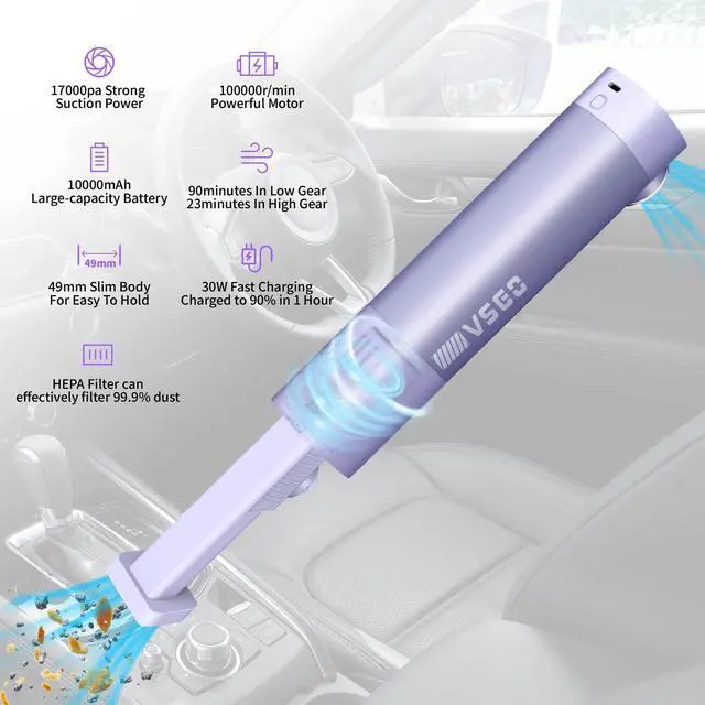 Alt view image 3 of 5 - VSGO Cordless Car Vacuum, Compressed Electric Air Duster 17000Pa Suction, 5-in-1 Portable Mini Small Handheld Vacuum, UP to 90 Mins Runtime for Car, Desk, Computer, Keyboard, Home Cleaning (Purple)