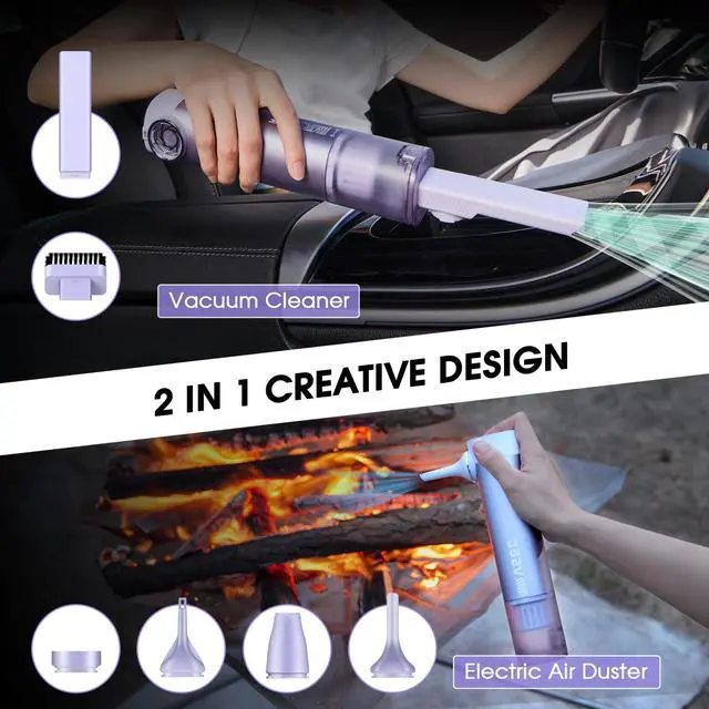 Alt view image 2 of 5 - VSGO Cordless Car Vacuum, Compressed Electric Air Duster 17000Pa Suction, 5-in-1 Portable Mini Small Handheld Vacuum, UP to 90 Mins Runtime for Car, Desk, Computer, Keyboard, Home Cleaning (Purple)