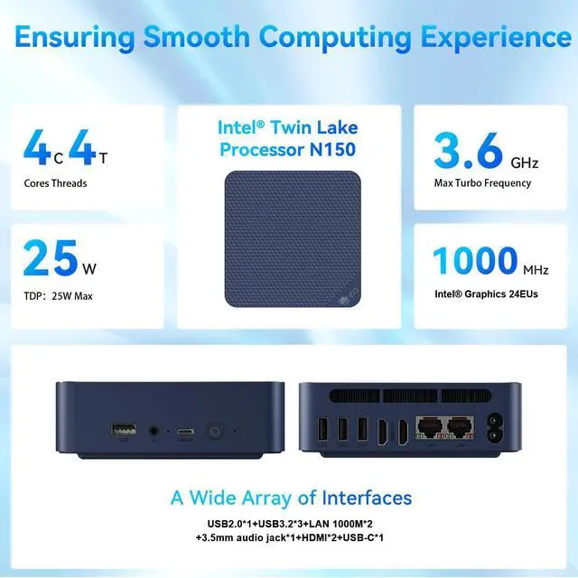 Alt view image 2 of 5 - Beelink EQ14 Mini PC, Intel 13th Twin Lake-N150 (up to 3.6GHz, Upgraded N100), 16GB DDR4 RAM 500GB M.2 SSD, Dual LAN Mini Desktop Computer Support 4K@60Hz Dual Display/WiFi 6/BT 5.2 for Home/Office