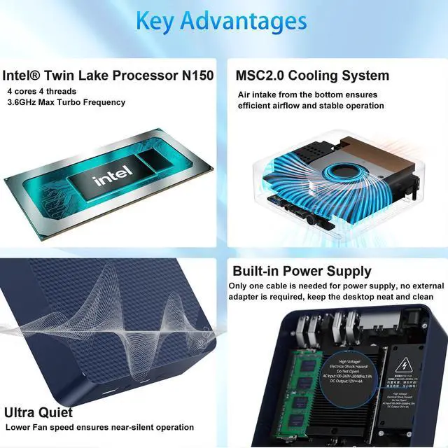 Alt view image 3 of 5 - Beelink EQ14 Mini PC, Intel 13th Twin Lake-N150 (up to 3.6GHz, Upgraded N100), 16GB DDR4 RAM 500GB M.2 SSD, Dual LAN Mini Desktop Computer Support 4K@60Hz Dual Display/WiFi 6/BT 5.2 for Home/Office