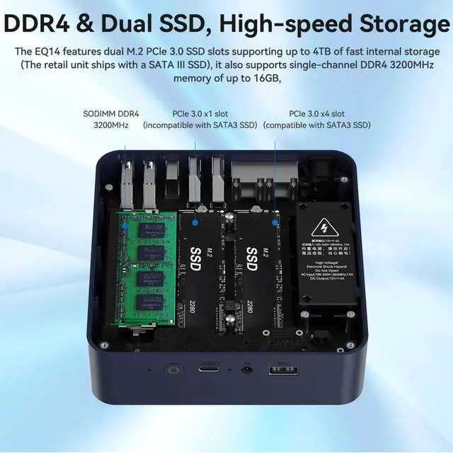 Alt view image 4 of 5 - Beelink EQ14 Mini PC, Intel 13th Twin Lake-N150 (up to 3.6GHz, Upgraded N100), 16GB DDR4 RAM 500GB M.2 SSD, Dual LAN Mini Desktop Computer Support 4K@60Hz Dual Display/WiFi 6/BT 5.2 for Home/Office