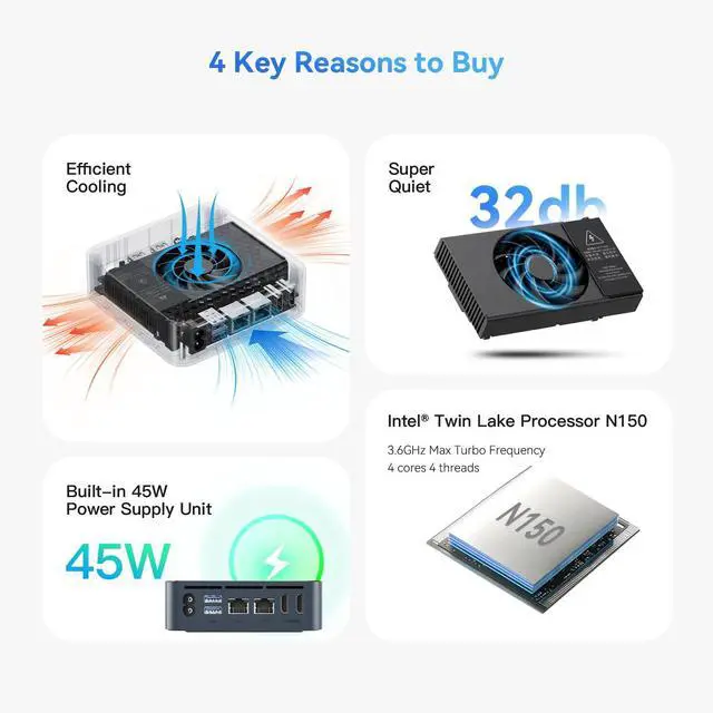 Alt view image 5 of 5 - TRIGKEY Key-N150 Mini PC, Intel Twin Lake N150(4C/4T, up to 3.60GHz) Mini Computer, 16G DDR4 500G M.2 PCIeX4 SSD Business Mini PC Built-in Power Supply/Dual HDMI/1000M LAN*2/WiFi 5/BT 5.0/USB 3.2 * 3