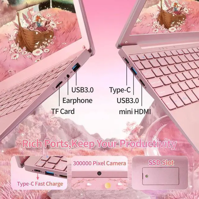 Alt view image 5 of 5 - BINTEC 10.1 inch Ultra-Thin Portable Mini Laptop, Celeron N4020 Processor (up to 2.8Ghz), 8GB RAM DDR4,Weight only About 0.8Kg,Built-in Webcam, WiFi, Easy to Carry (Rose Gold, 8G+128GB SSD)
