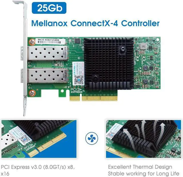 Alt view image 4 of 5 - 25GbE NIC Network Card with Mellanox ConnectX-4 Chipset,Dual-SFP28 Ports PCI Express 3.0 X8 Ethernet Adapter Support Windows Server/Windows/Ubuntu
