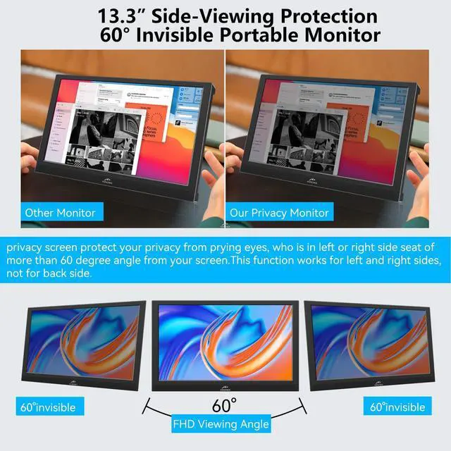 Alt view image 4 of 5 - Kenowa Touchscreen Portable Monitor 13.3 Inch, FHD 1080P IPS Built-in Privacy Screen with HDMI VGA, Portable Monitor for Laptop Compuer Wins OS Rasp pi
