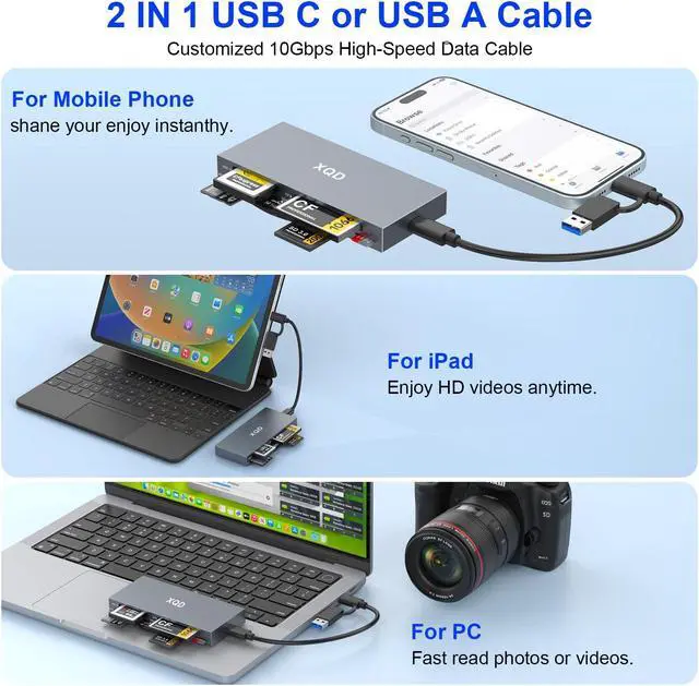 Alt view image 4 of 5 - 8 in 1 XQD Card Reader, 10Gbps Multi XQD Reader for Sony G/M Series, Lexar 2933x/1400x USB Mark XQD Card/CF/XD/MS/TF/SD Reader, USB C USB 3.0 Memory Card Reader for Windows/Mac OS/Linux/Android