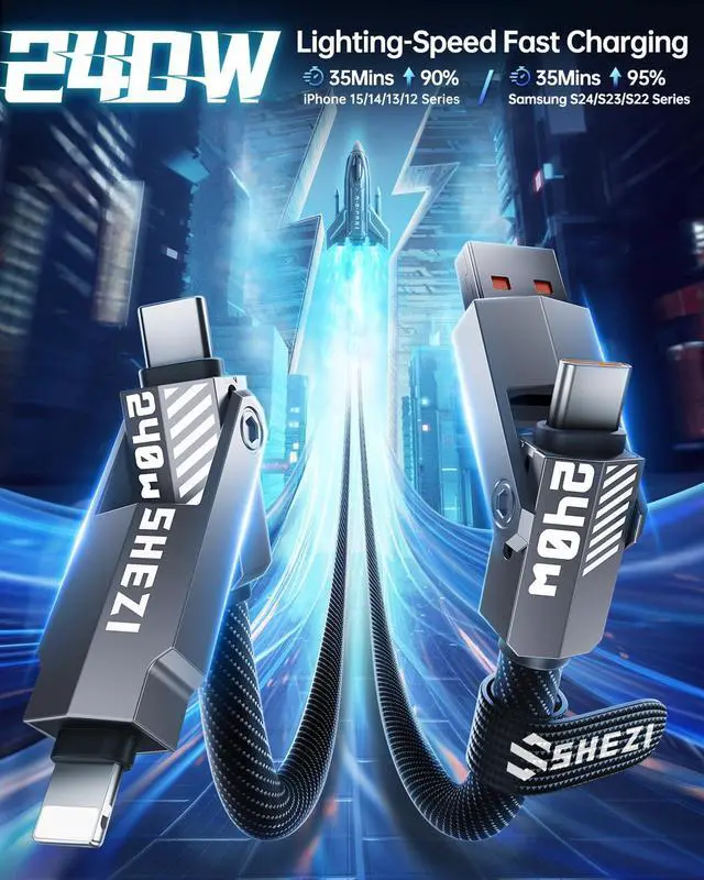 Alt view image 3 of 5 - SHEZI Upgraded 240W 5FT USB C Lightning Cable, 4-in-1 Nylon Braided Fast Charging iPhone iPad Charger Cord [480Mbps Data Sync], Multi Charging Cable for iPhone 16/Pro/Plus/Pro Max, Grey