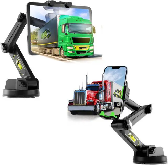 Main image of Commercial Truck Tablet Mount & Green Big Rig Truck Phone Mount, Heavy Duty Tablet & iPad Holder, Cell Phone Device Holder for Dashboard, Windshield & Window, Super Stable Suction Cup (1 TM & 1 PM)