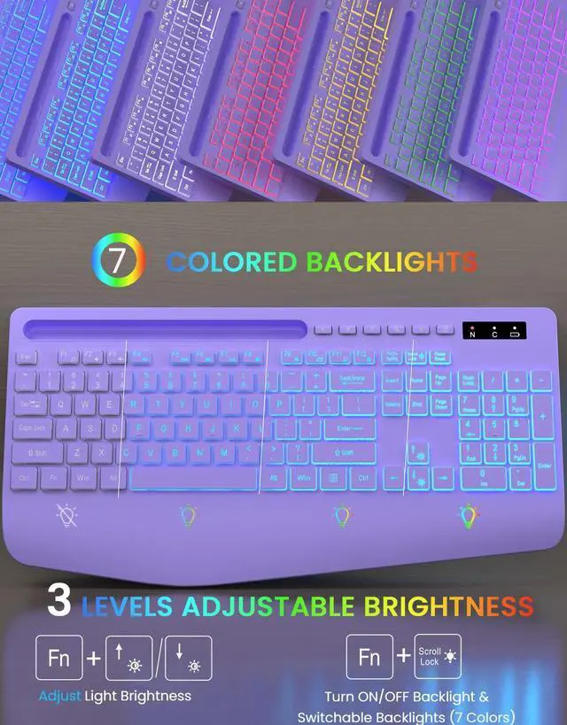 Alt view image 2 of 5 - Wireless Keyboard with 7 Colored Backlits, Wrist Rest, Phone Holder, Rechargeable Ergonomic Computer Keyboard with Silent Keys, Full Size Lighted Keyboard for Windows, MacBook, PC, Laptop (Purple)
